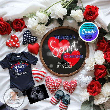 Digital Red, White & Blue Pregnancy Announcement, We Have a Secret To Share, Customizable Independence Day Themed, Personalized Editable Template