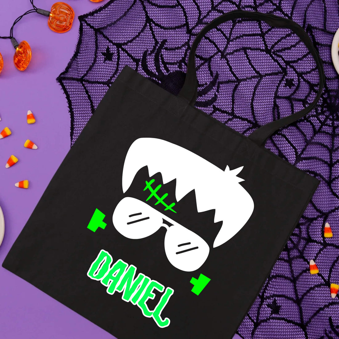 Bolsa De Mano Grande Caramelo de truco o trato de Frankenstein para niño con nombre personalizado de Halloween