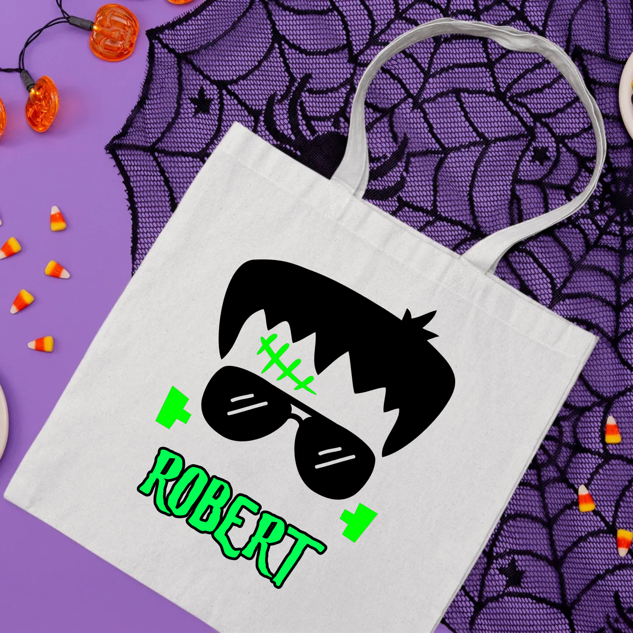 Halloween Personalized Name Boy's Frankenstein Trick or Treat Candy Large Tote Bag
