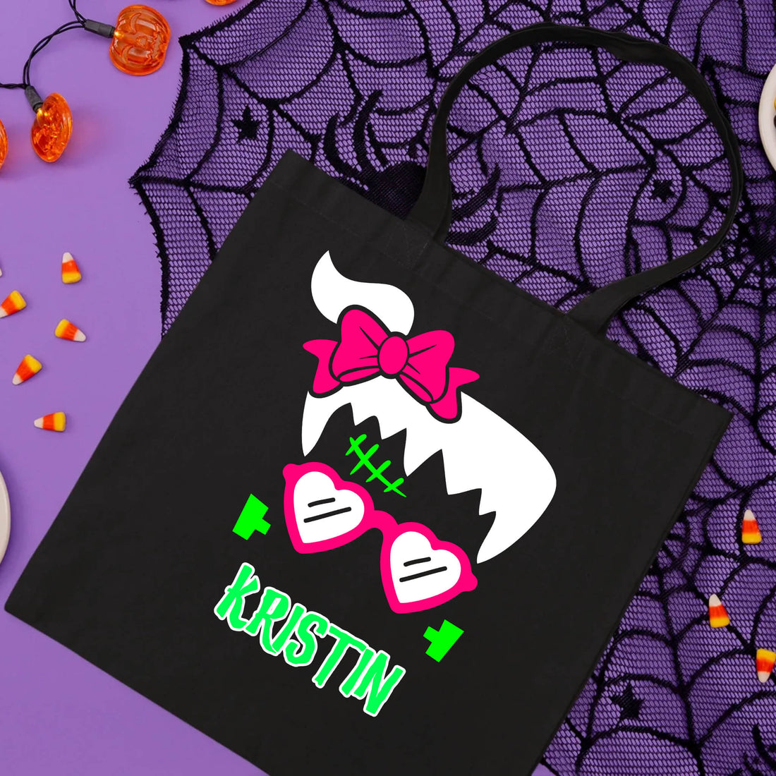 Halloween Personalized Name Girl's Frankenstein Trick or Treat Candy Large Tote Bag