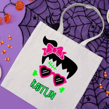 Halloween Personalized Name Girl's Frankenstein Trick or Treat Candy Large Tote Bag