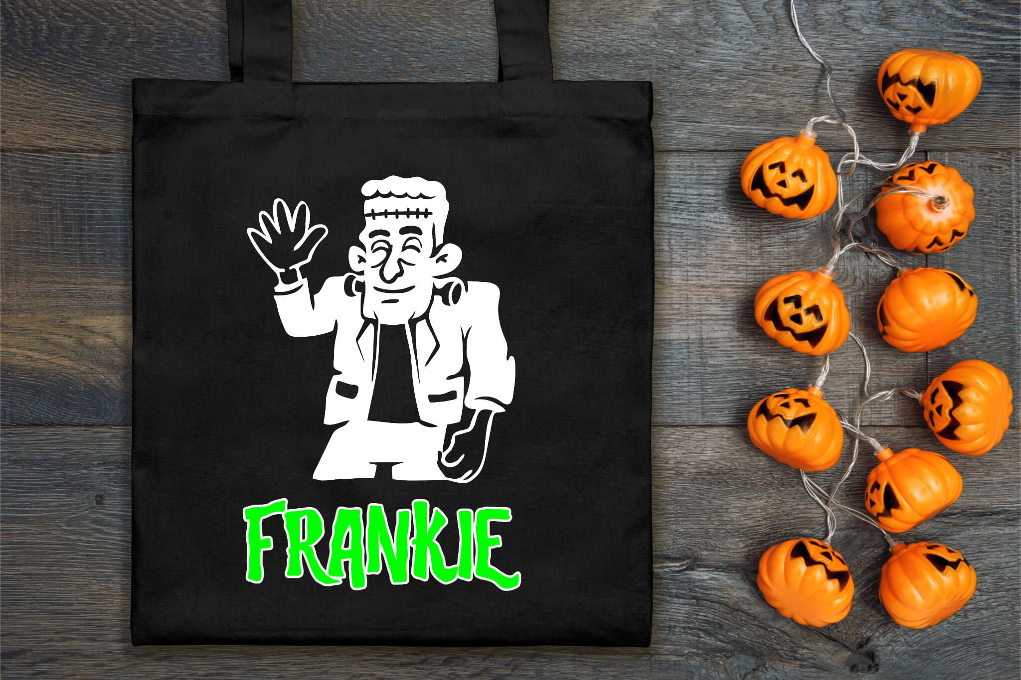 Halloween Personalized Name Frankenstein Trick or Treat Candy Large Tote Bag