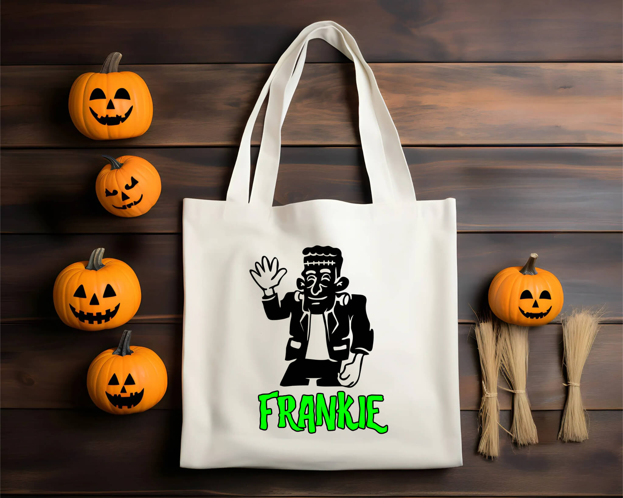 Halloween Personalized Name Frankenstein Trick or Treat Candy Large Tote Bag