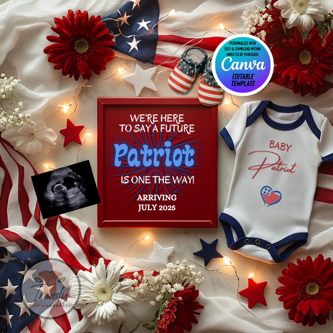 Digital Independence Day Pregnancy Announcement, Future Patriot Coming, Customizable Freedom Themed, Personalized Editable Template