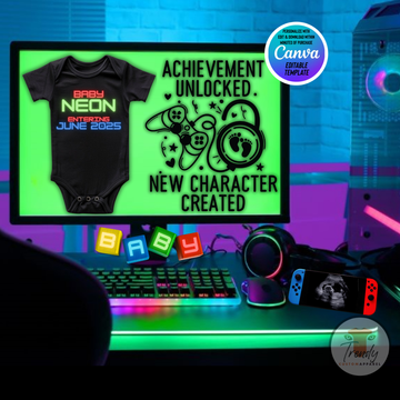 Digital Gamer Pregnancy Announcement, New Character Created, Personalized Gaming Themed,  Customizable Editable Template