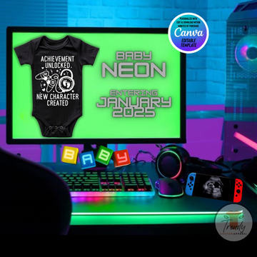 Digital Gamer Pregnancy Announcement, New Character Created, Customizable Gaming Themed, Personalized Editable Template