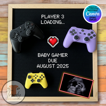 Digital Gamer Pregnancy Announcement, Player 3 Loading, Customizable Gaming Themed, Personalized Editable Template