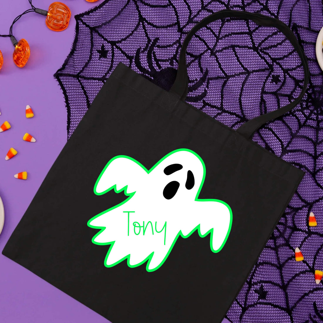 Bolsa De Tela Grande Caramelo de truco o trato fantasma espeluznante del niño con nombre personalizado de Halloween