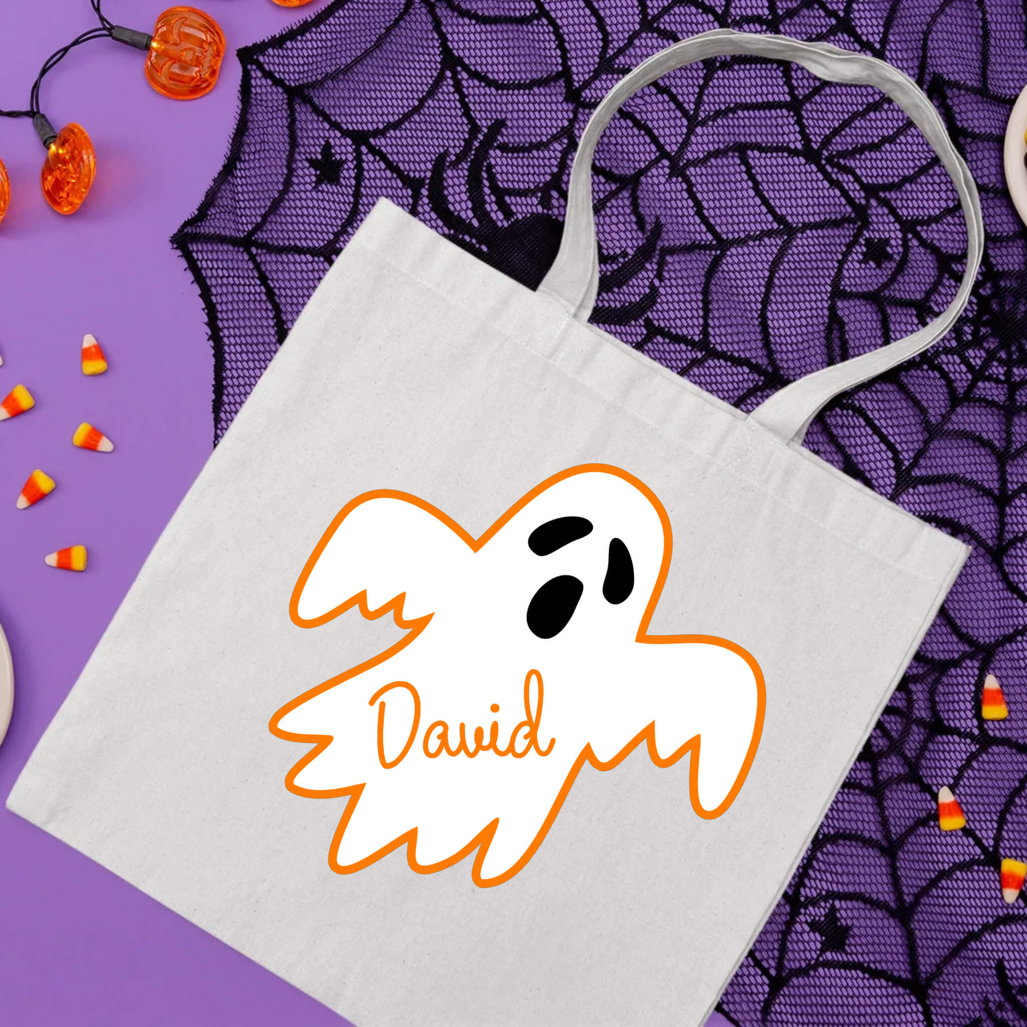 Bolsa De Tela Grande Caramelo de truco o trato fantasma espeluznante del niño con nombre personalizado de Halloween
