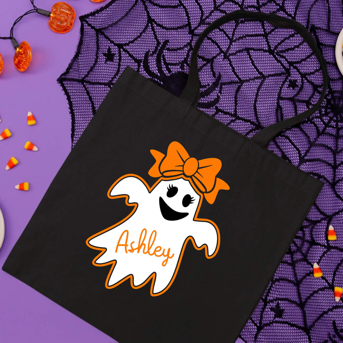 Halloween Personalized Name Girl's Spooky Ghost Trick or Treat Candy Large Tote Bag