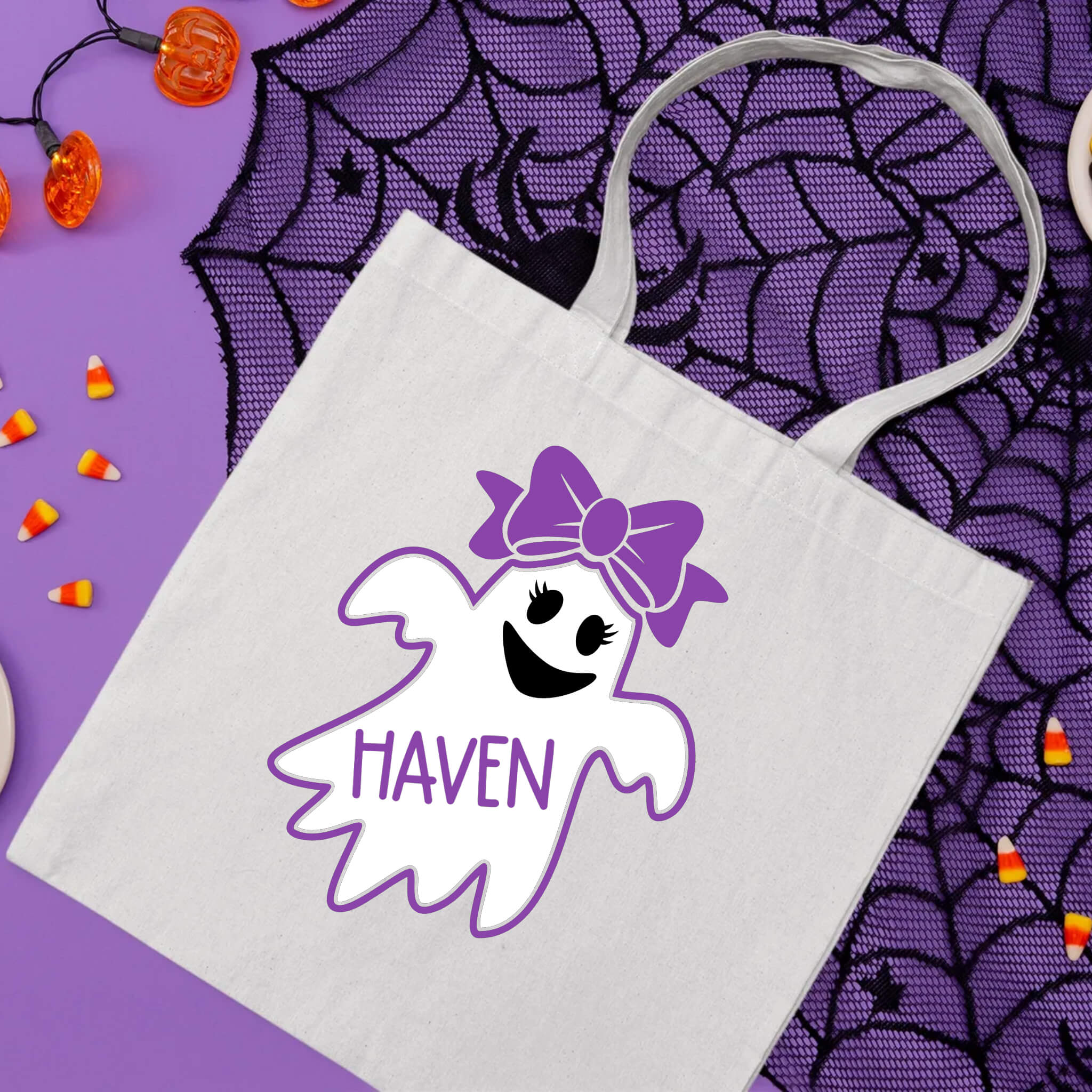 Bolsa De Mano Grande Caramelo de truco o trato fantasma espeluznante de niña con nombre personalizado de Halloween