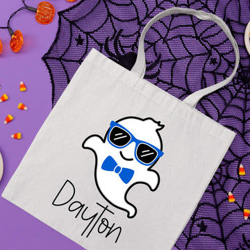 Bolsa De Tela Grande Caramelo de truco o trato fantasma lindo del niño con nombre personalizado de Halloween