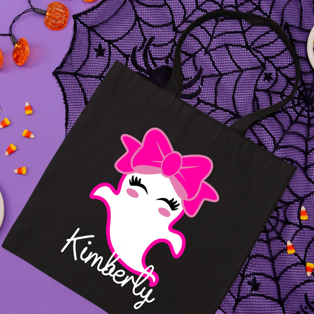 Halloween Personalized Name Girl's Cute Ghost Trick or Treat Candy Large Tote Bag