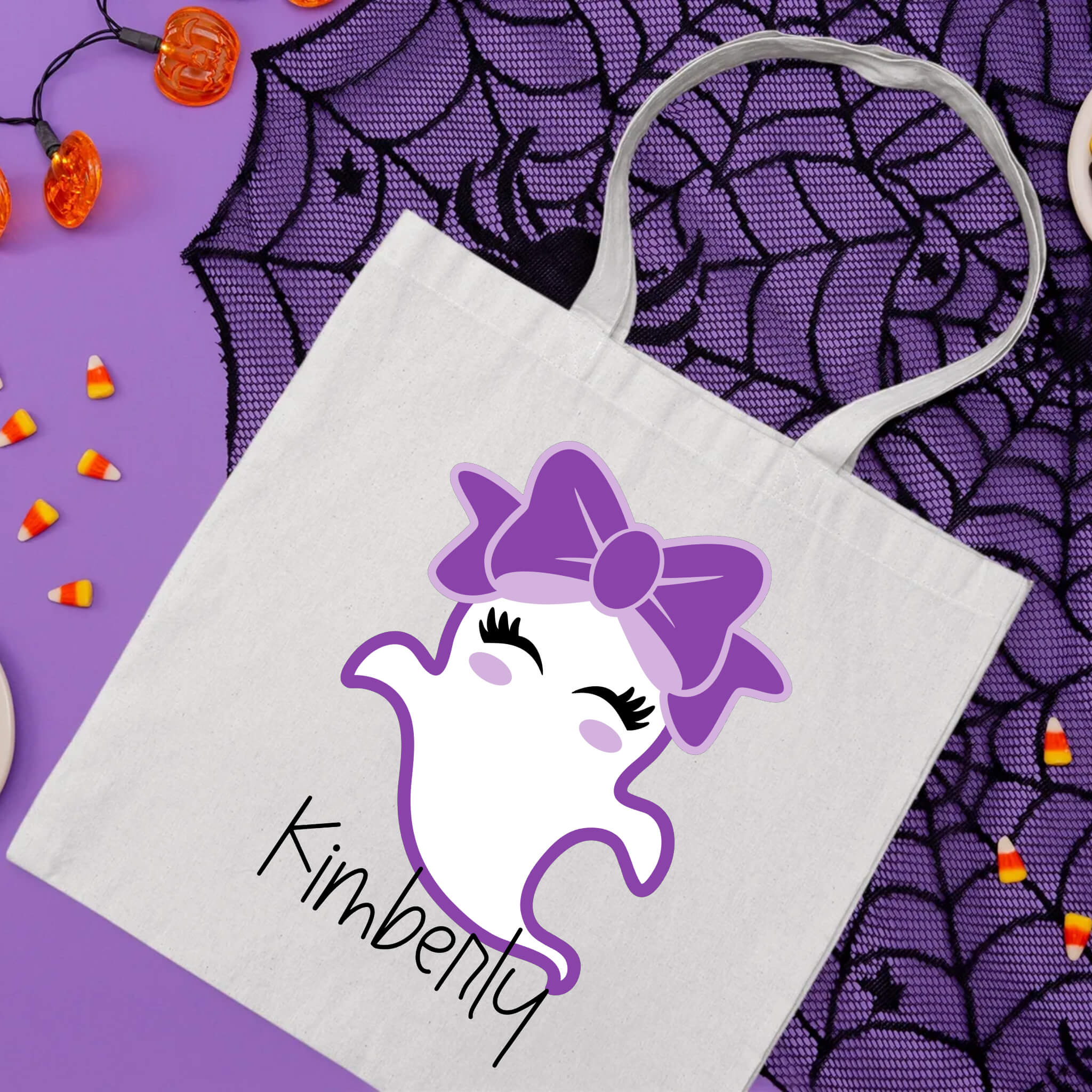 Bolsa De Tela Grande Caramelo de truco o trato fantasma lindo de niña con nombre personalizado de Halloween