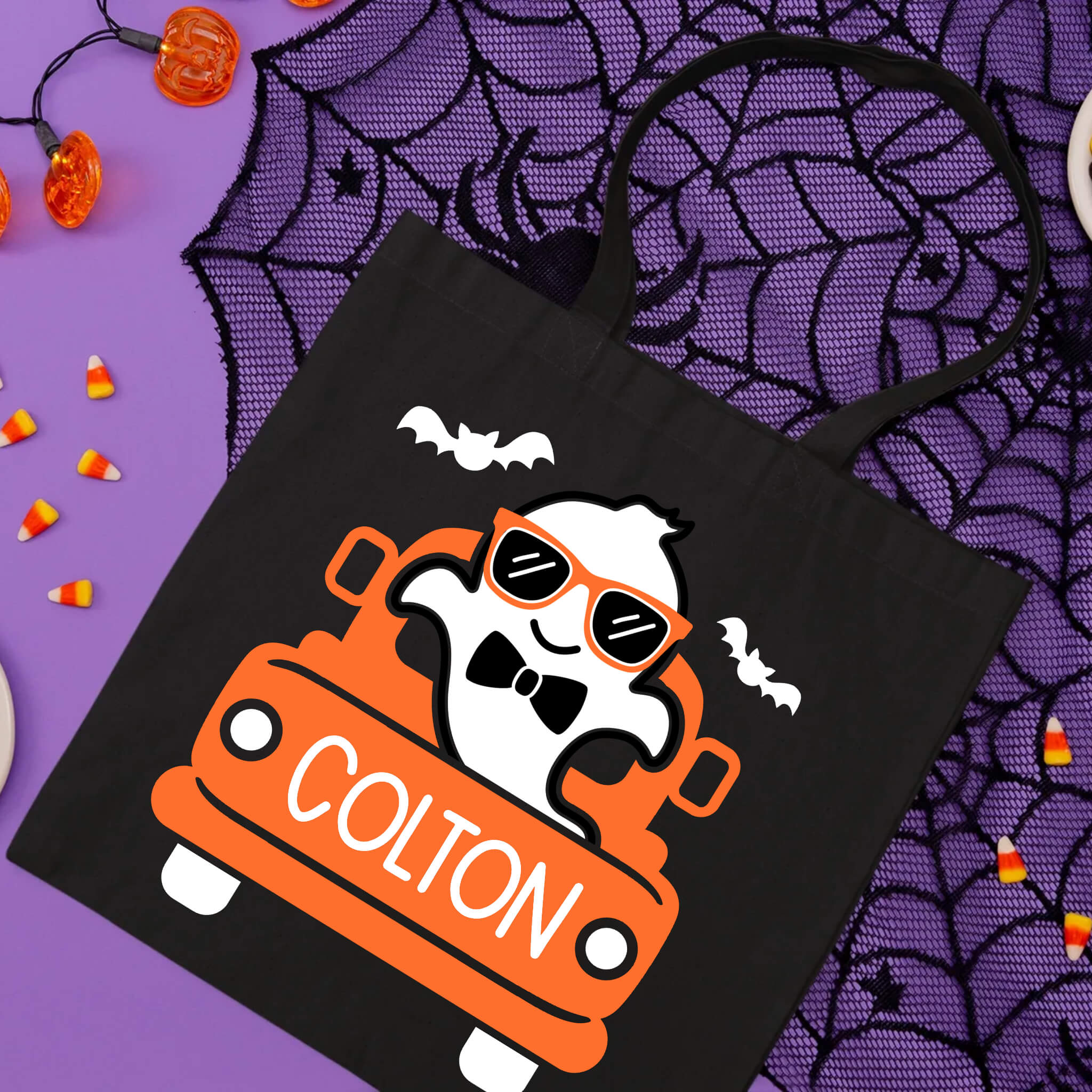 Halloween Personalized Name Kid's Ghost Truck Trick or Treat Candy Large Tote Bag