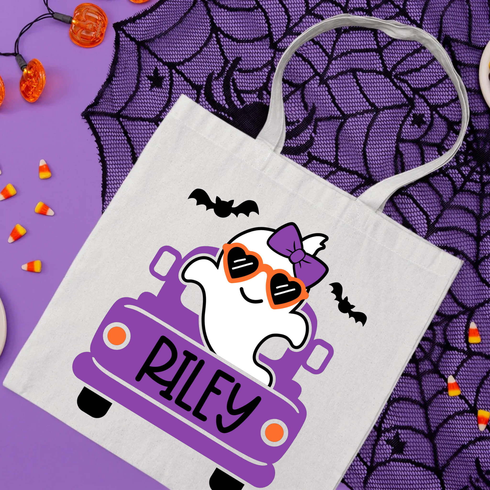 Halloween Personalized Name Kid's Ghost Truck Trick or Treat Candy Large Tote Bag