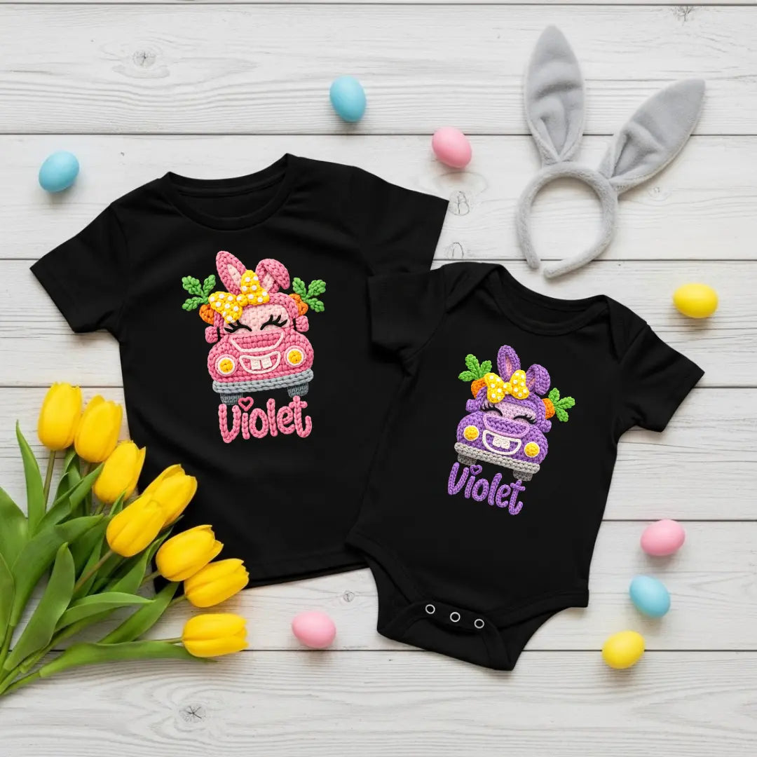 Cute Easter Truck Faux Yarn, Girl's Customizable Easter Shirts, Easter Hunt Baby Onesie, Happy Easter Tee’s TrendyCustomApparel™