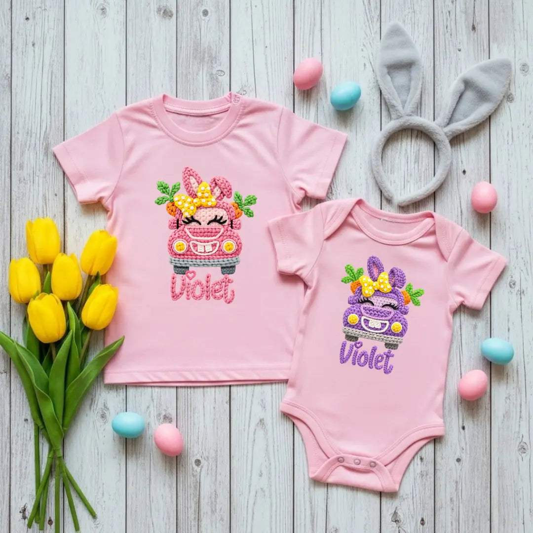 Cute Easter Truck Faux Yarn, Girl's Customizable Easter Shirts, Easter Hunt Baby Onesie, Happy Easter Tee’s TrendyCustomApparel™