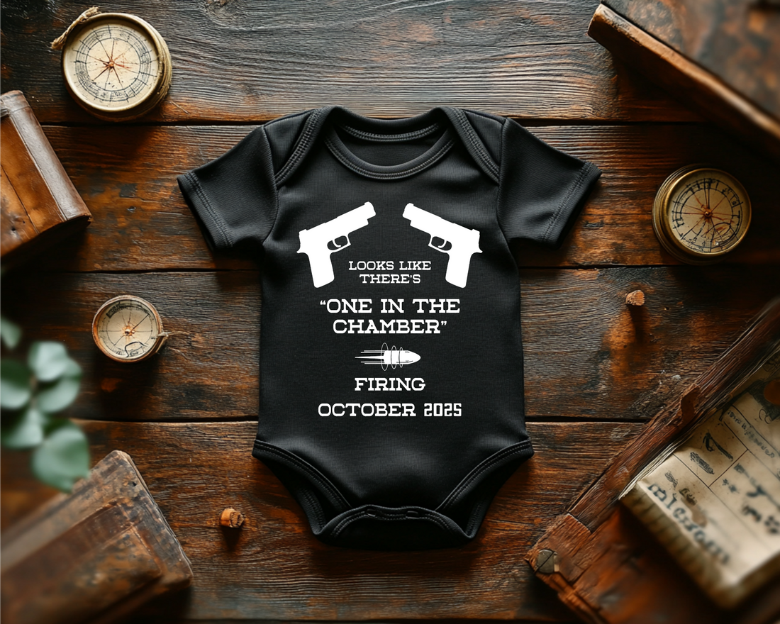 Personalized Pregnancy Announcement, One in the Chamber, Customizable Glock themed Onesie