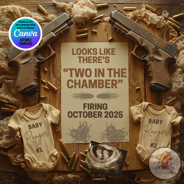 Digital Pregnancy Announcement, Two in the Chamber, Customizable Twins Glock Themed, Personalized Editable Template