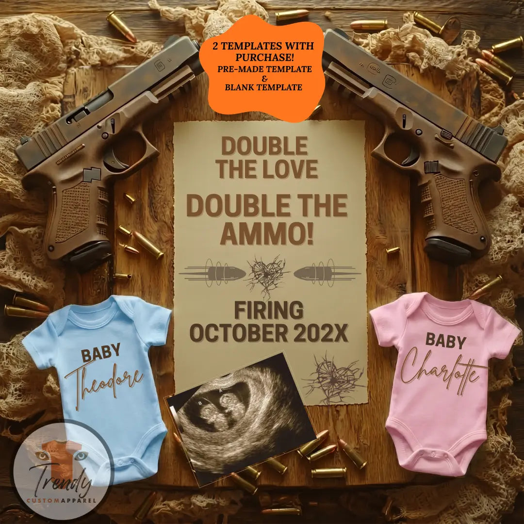 Boy & Girl Gender Reveal Twins Announcement Template | Glock Handgun Baby Reveal – Editable Canva Digital Download TrendyCustomApparel™