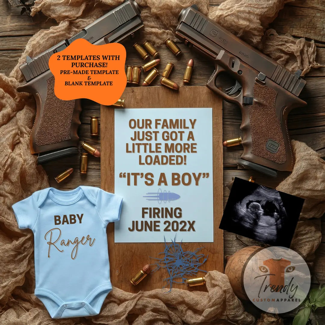 One in the Chamber Boy Pregnancy Announcement – Glock Gun Canva Template | Instant Digital Download TrendyCustomApparel™
