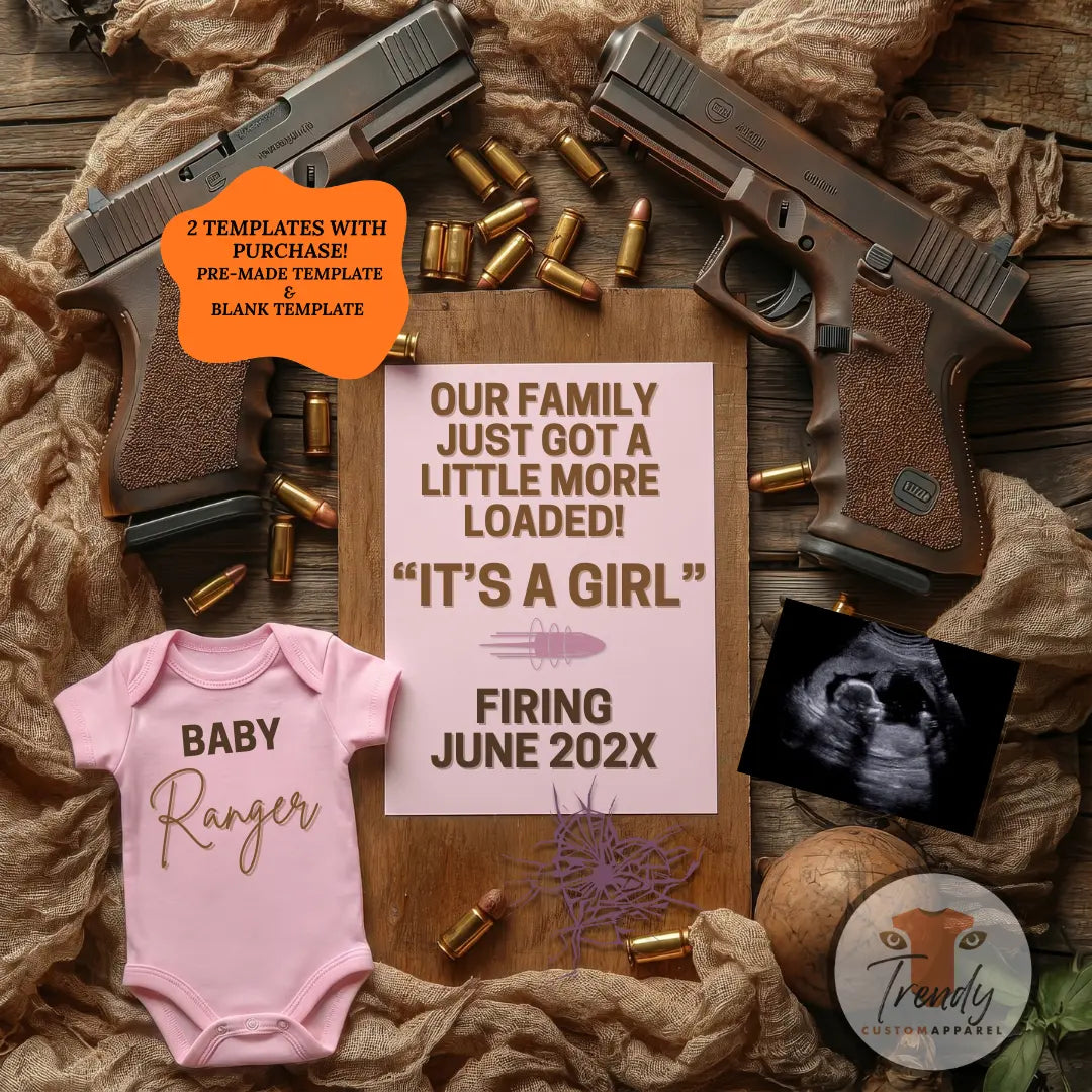 One in the Chamber Girl Glock Pregnancy Announcement – Fully Editable Canva Template TrendyCustomApparel™