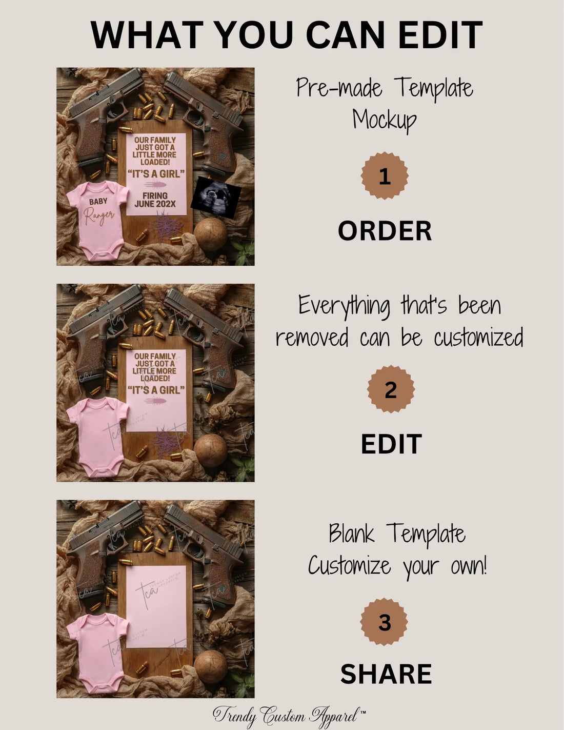 One in the Chamber Girl Glock Pregnancy Announcement – Fully Editable Canva Template TrendyCustomApparel™