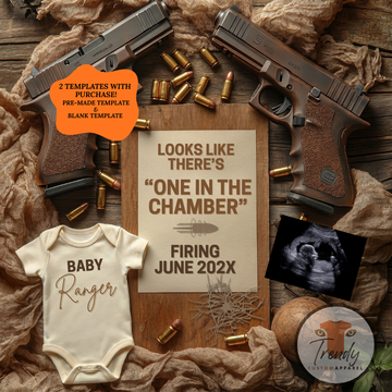 One in the Chamber – Glock Pregnancy Announcement | One of A Kind | Fully Editable Canva Templates