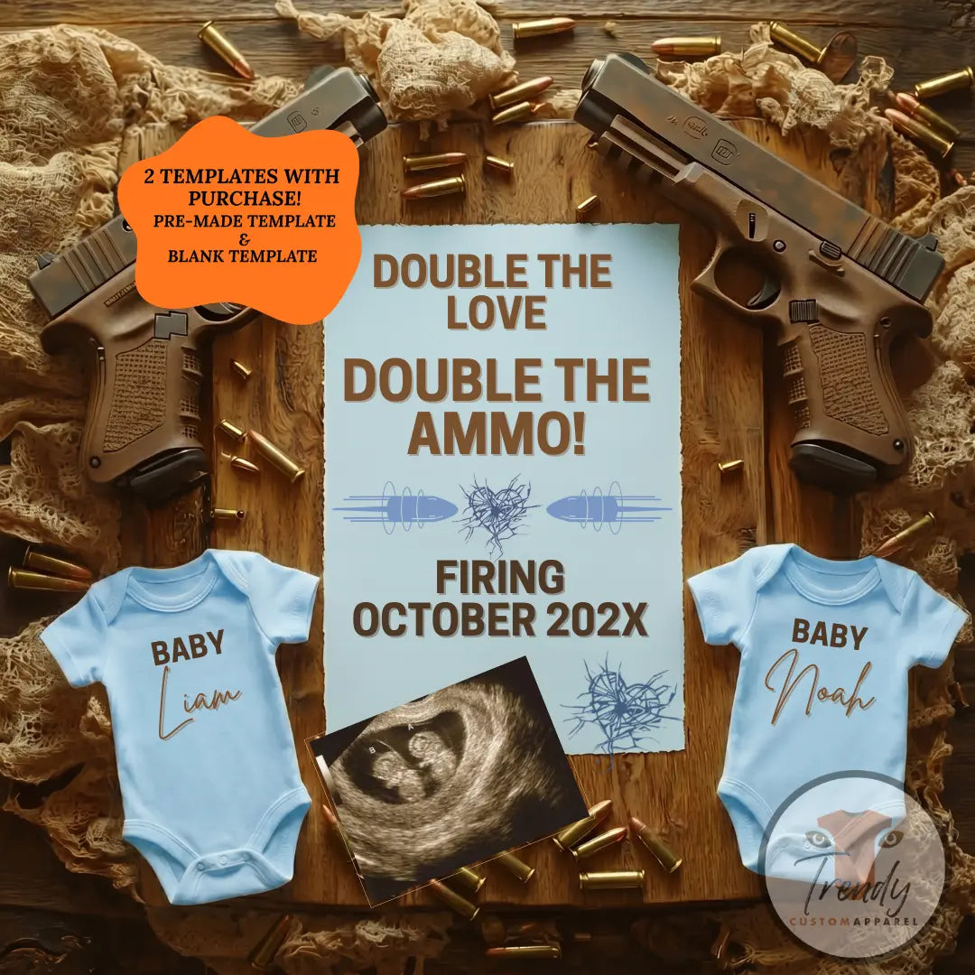 Boy Gender Reveal Twins Announcement Template | Glock Handgun Baby Reveal – Editable Canva Digital Download TrendyCustomApparel™