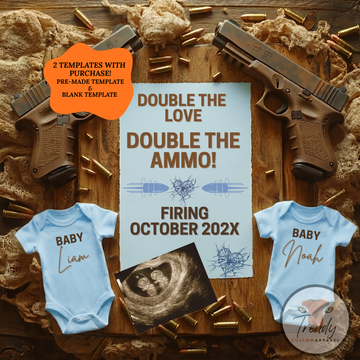 Boy Gender Reveal Twins Announcement Template | Glock Handgun Baby Reveal – Editable Canva Digital Download