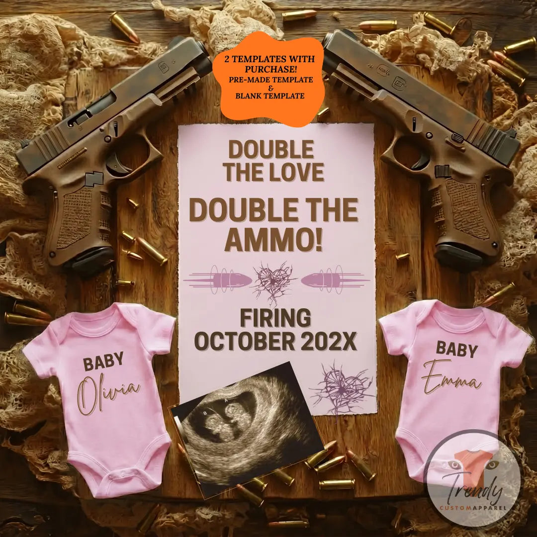 Girl Gender Reveal Twins Announcement Template | Glock Handgun Baby Reveal – Editable Canva Digital Download TrendyCustomApparel™