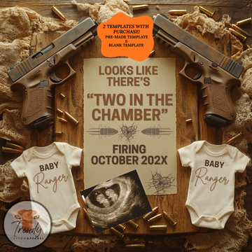 Digital Pregnancy Announcement, Two in the Chamber, Customizable Twins Glock Themed, Editable Details Template TrendyCustomApparel™