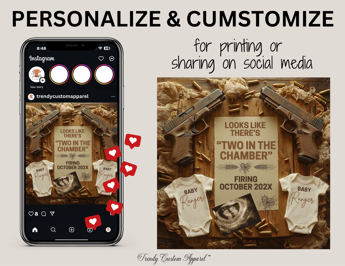 Digital Pregnancy Announcement, Two in the Chamber, Customizable Twins Glock Themed, Editable Details Template TrendyCustomApparel™