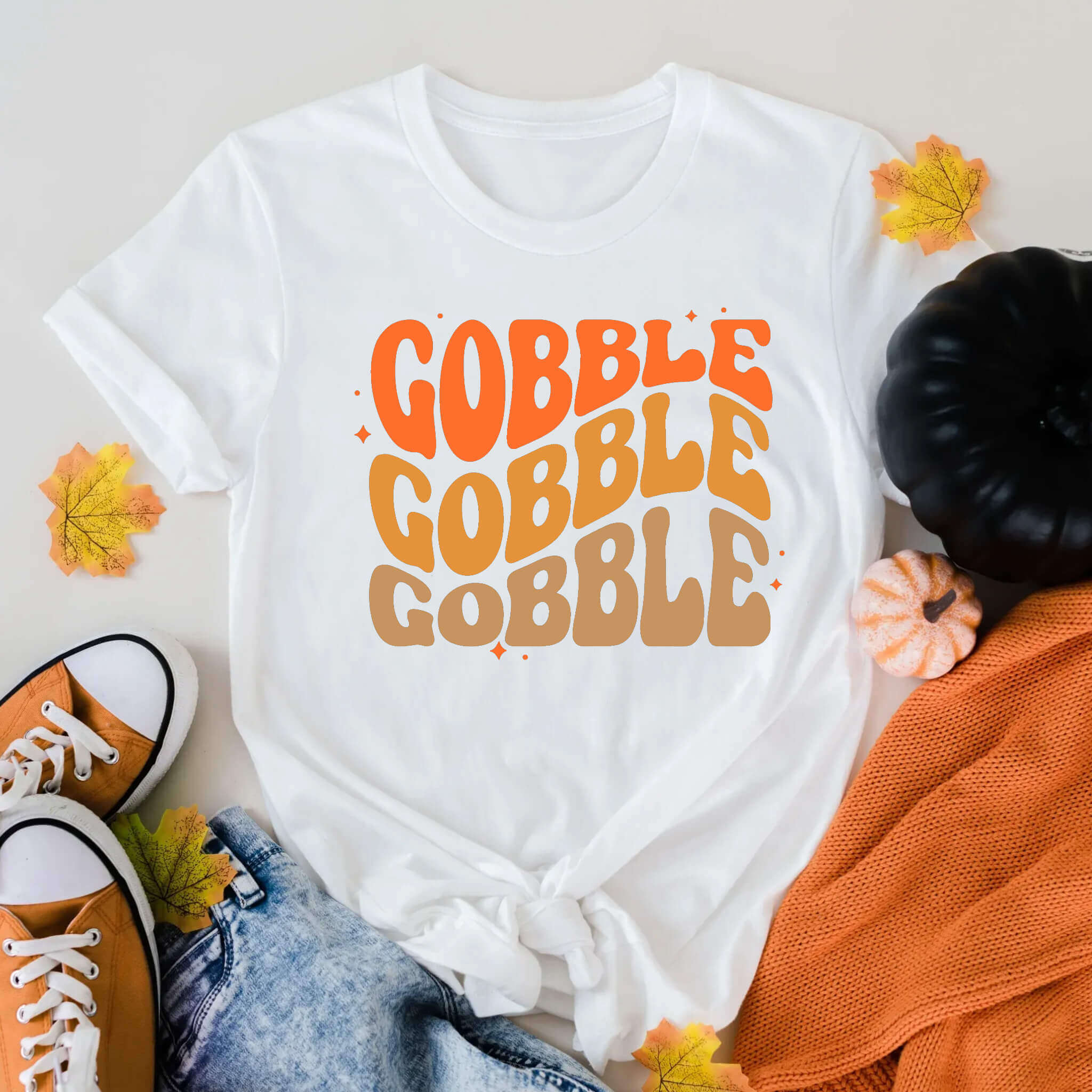 Fall Gobble Gobble Gobble Women's Thanksgiving Graphic Print T-Shirt