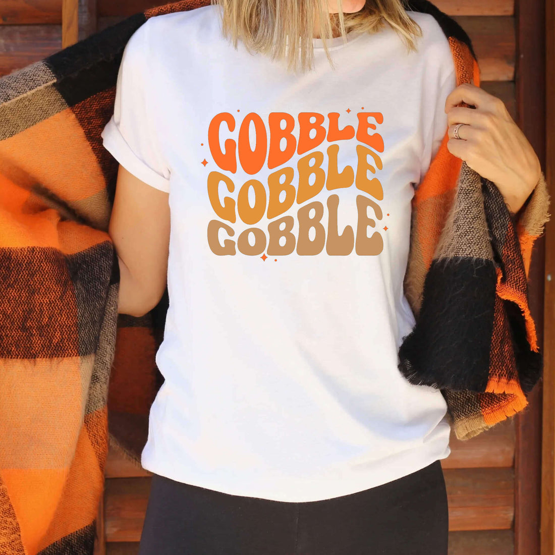 Fall Gobble Gobble Gobble Women's Thanksgiving Graphic Print T-Shirt