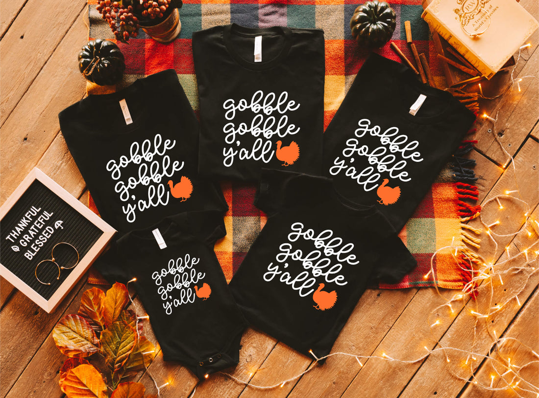 Camiseta con estampado gráfico a juego de Acción de Gracias familiar personalizada de Fall Gobble Gobble Yall