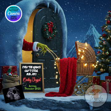 Digital Christmas Pregnancy Announcement, Can't Steal Out Joy, Customizable Grinch Themed, Personalized Editable Template