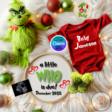 Digital Christmas Pregnancy Announcement, A Little Who is Due, Customizable Grinch Themed, Personalized Editable Template