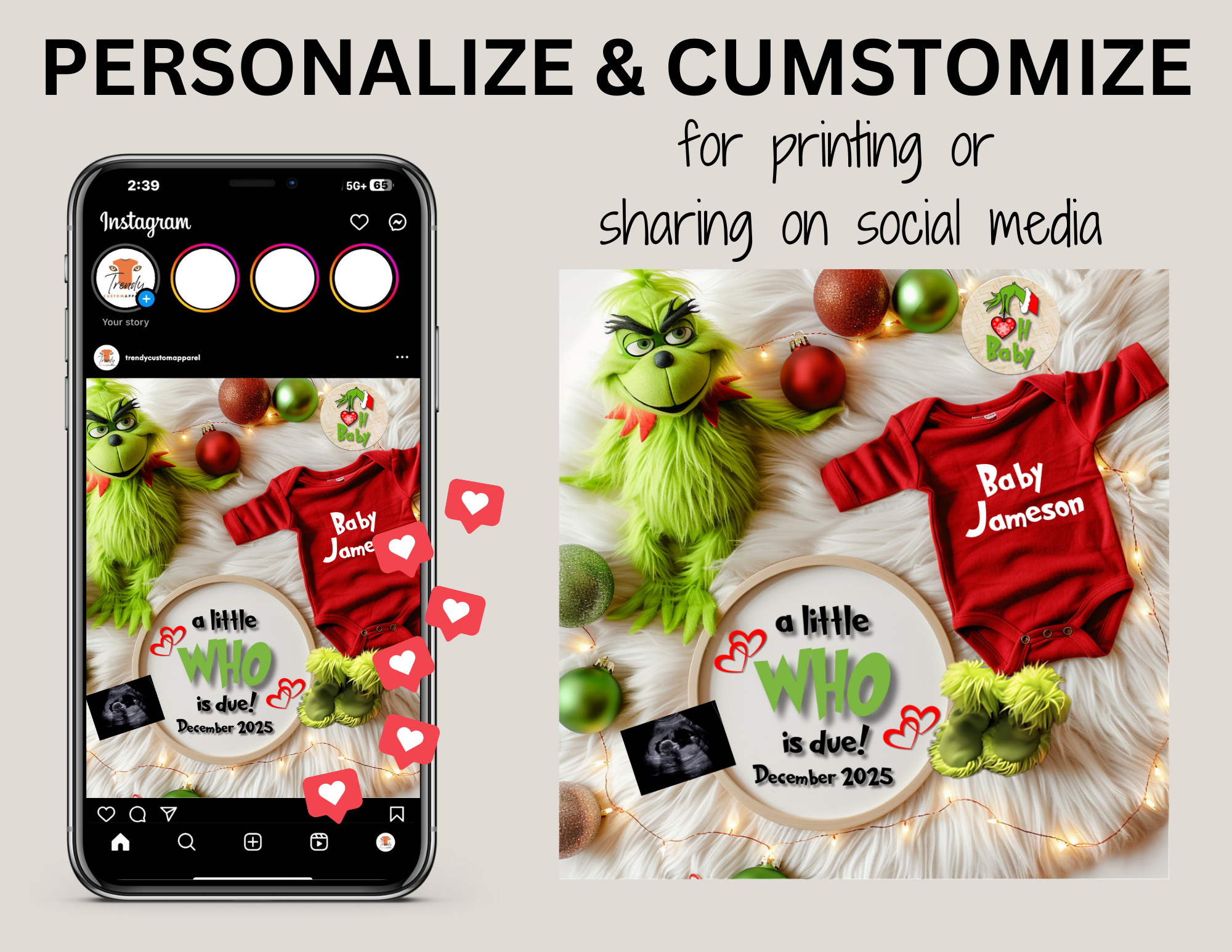 Digital Christmas Pregnancy Announcement, A Little Who is Due, Customizable Grinch Themed, Personalized Editable Template