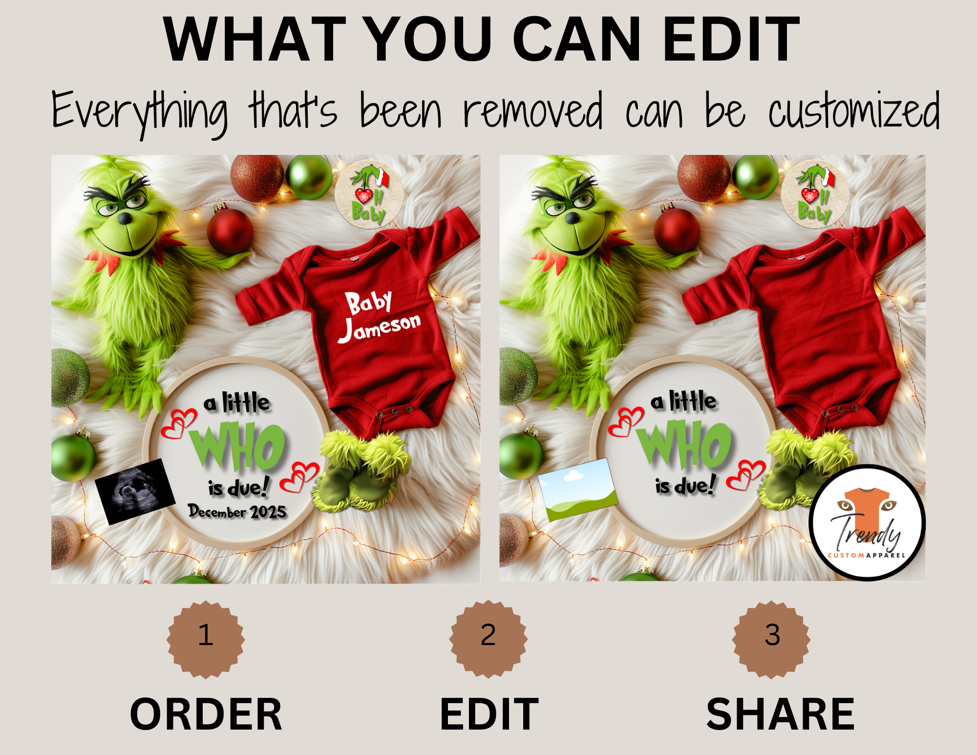 Digital Christmas Pregnancy Announcement, A Little Who is Due, Customizable Grinch Themed, Personalized Editable Template
