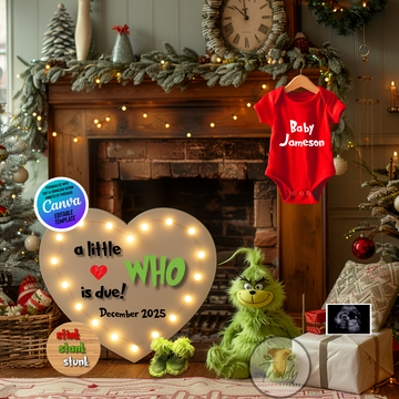 Digital Christmas Pregnancy Announcement, A Little Who is Due, Personalized Grinch Themed, Customizable Editable Template