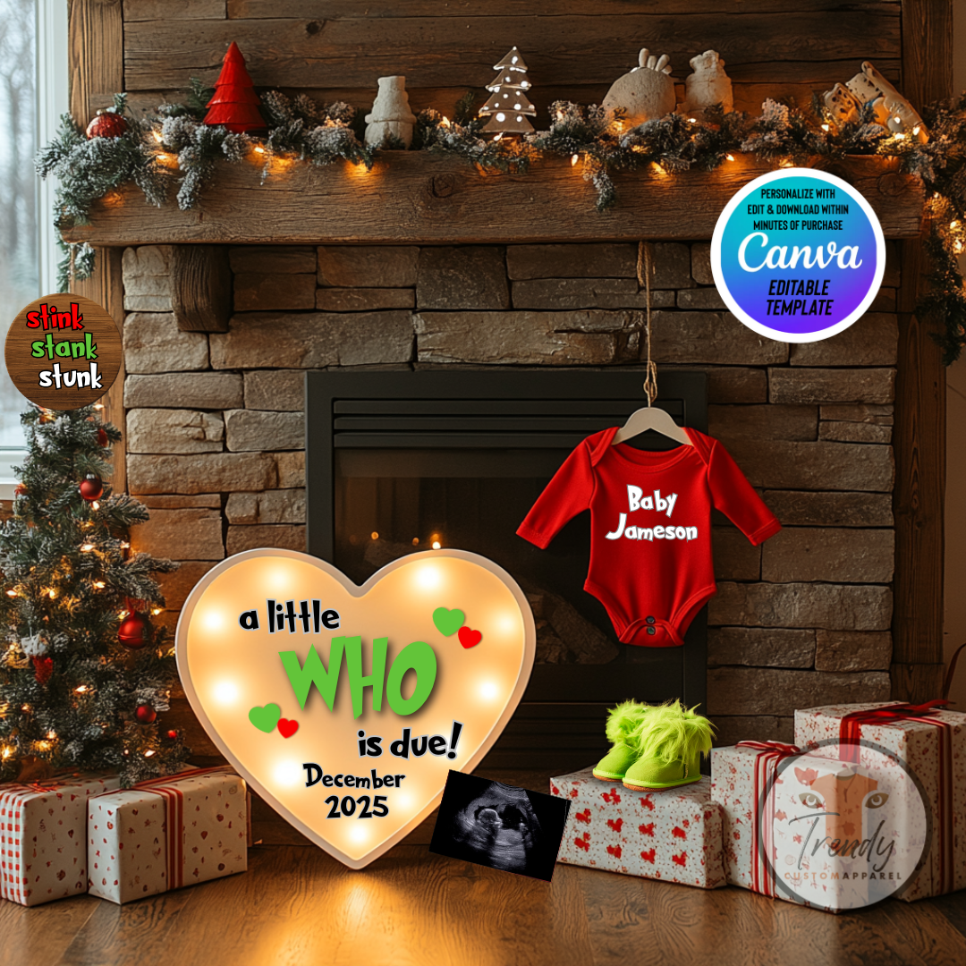 Digital Christmas Pregnancy Announcement, A Little Who is Due, Personalized Grinch Themed, Customizable Editable Template