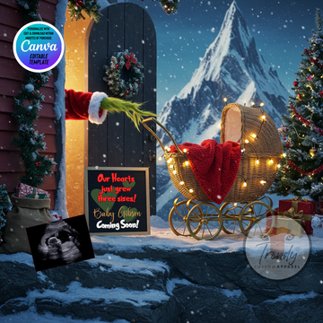 Digital Christmas Pregnancy Announcement, Our Hearts Just Grew Three Sizes, Customizable Grinch Themed, Personalized Editable Template