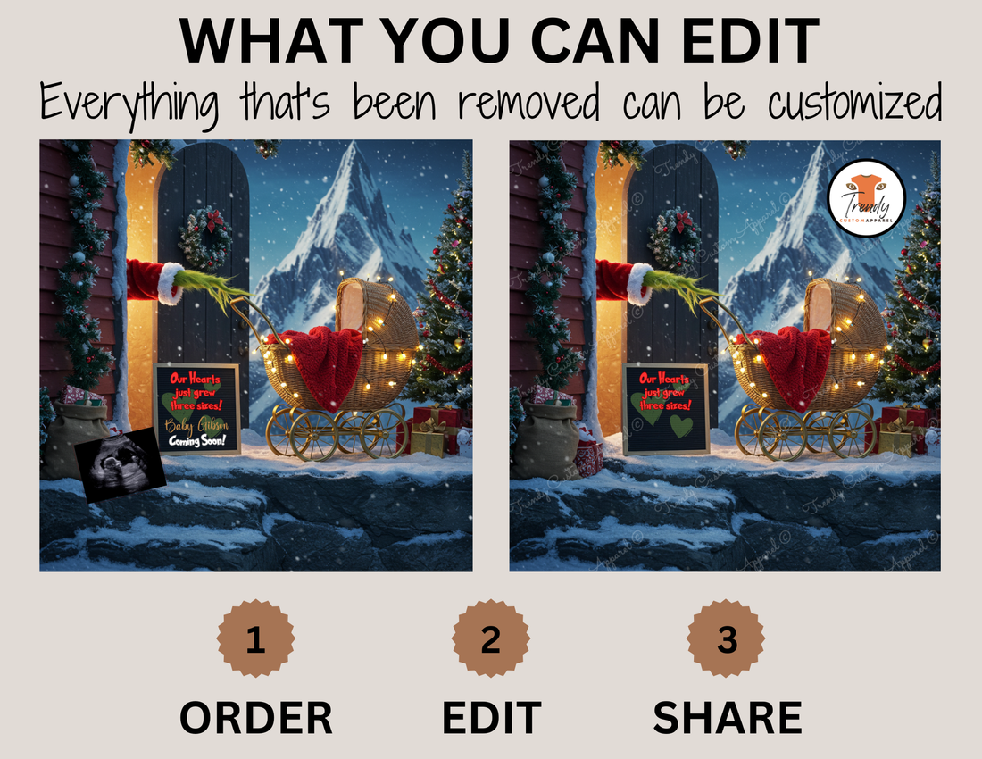 Digital Christmas Pregnancy Announcement, Our Hearts Just Grew Three Sizes, Customizable Grinch Themed, Personalized Editable Template