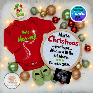 Digital Christmas Pregnancy Announcement, Maybe Christmas Baby, Customizable Grinch Themed, Personalized Editable Template