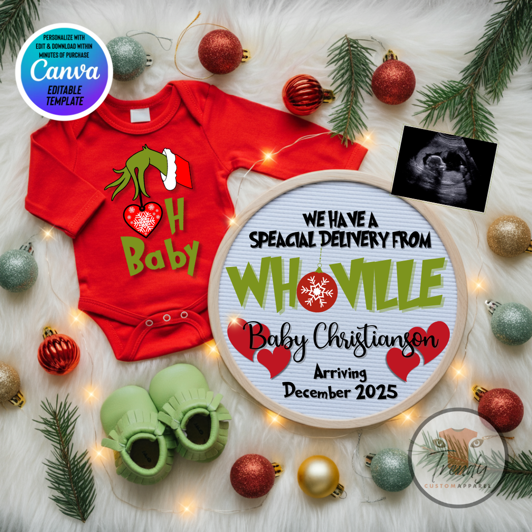 Digital Christmas Pregnancy Announcement, Special Delivery from Whoville, Customizable Grinch Themed, Personalized Editable Template
