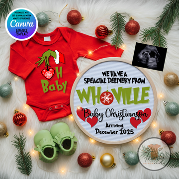 Digital Christmas Pregnancy Announcement, Special Delivery from Whoville, Customizable Grinch Themed, Personalized Editable Template