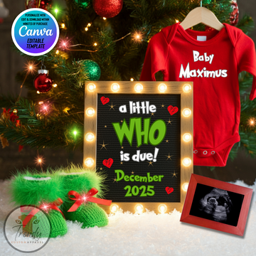 Digital Christmas Pregnancy Announcement, A Little Who is Due, Customizable Grinch Themed, Personalized Editable Template