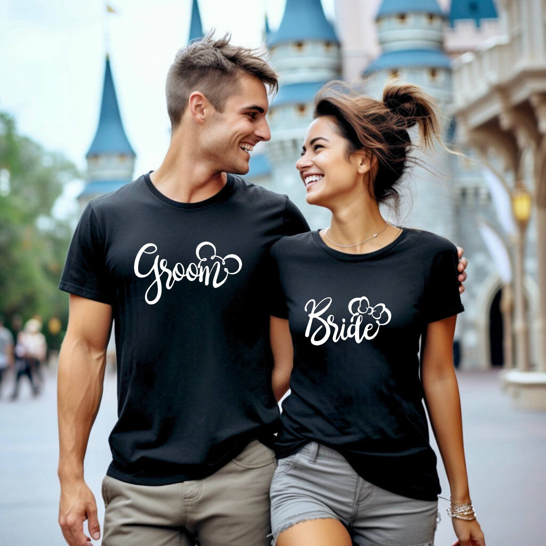 Wedding Engagement Honeymoon Mickey & Minnie Matching Bride & Groom Graphic Print Unisex T-Shirts